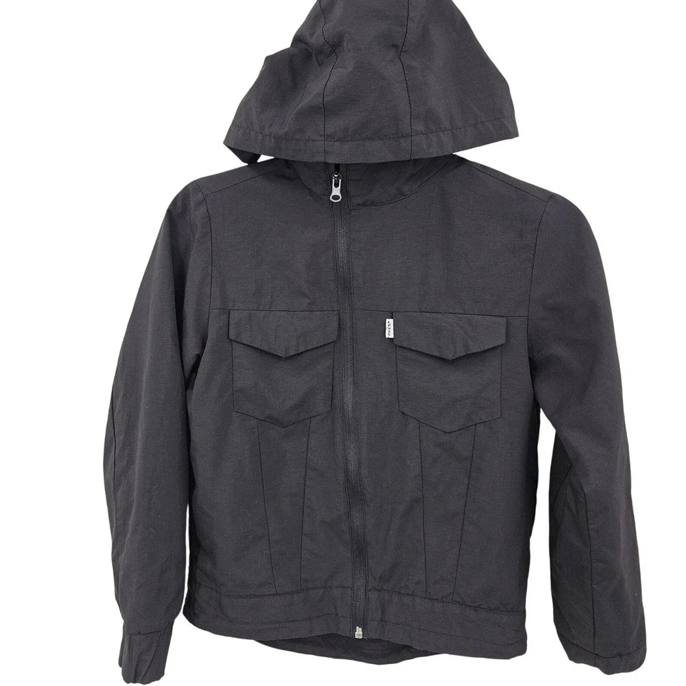 Levi's Jacket boys S Youth‎ Black Hooded Zip Front Chest Pockets Stowaway Hood